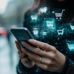 woman holding phone with shopping cart icons by her phone and hands